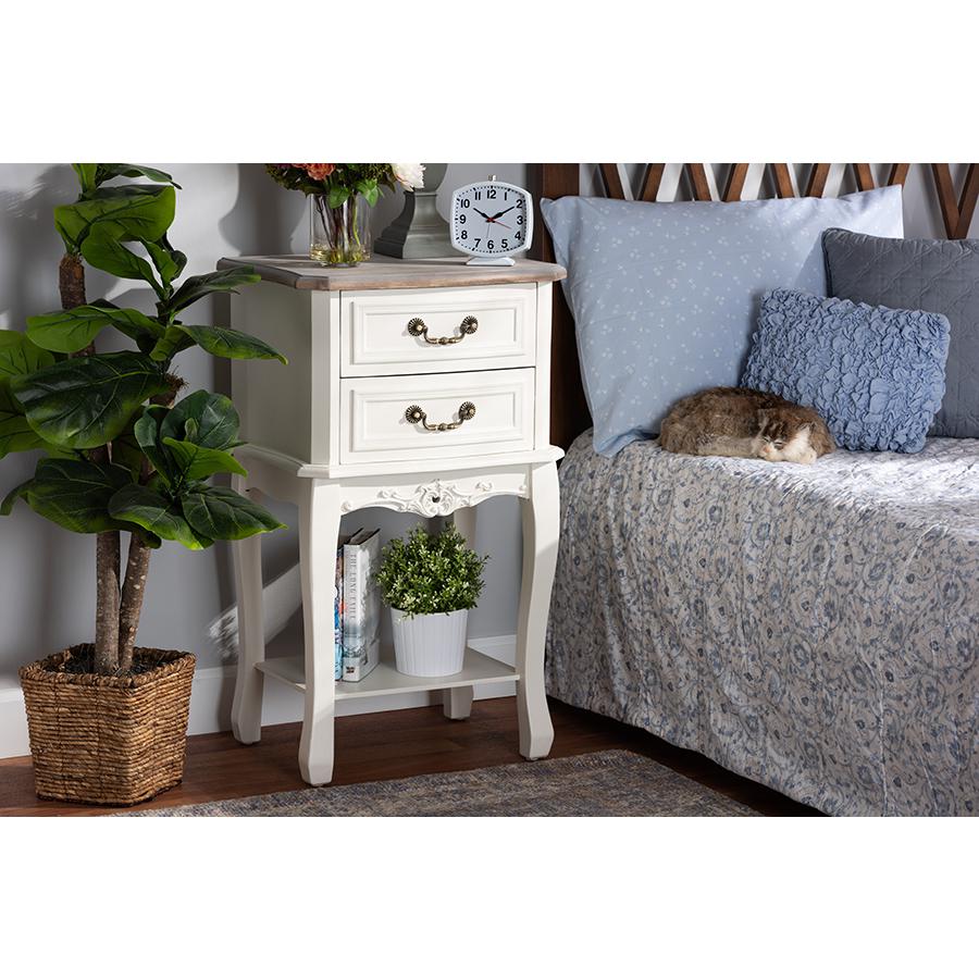 Baxton Studio Amalie Antique French Country Cottage Two-Tone White and Oak Finished 2-Drawer Wood Nightstand. Picture 2