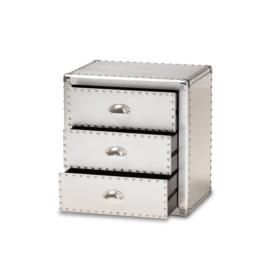 Baxton Studio Armel French Industrial Silver Metal 3-Drawer Nightstand. Picture 3