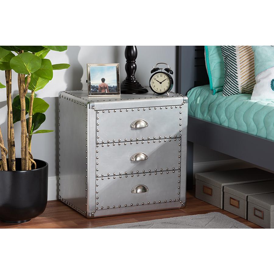 Baxton Studio Armel French Industrial Silver Metal 3-Drawer Nightstand. Picture 2
