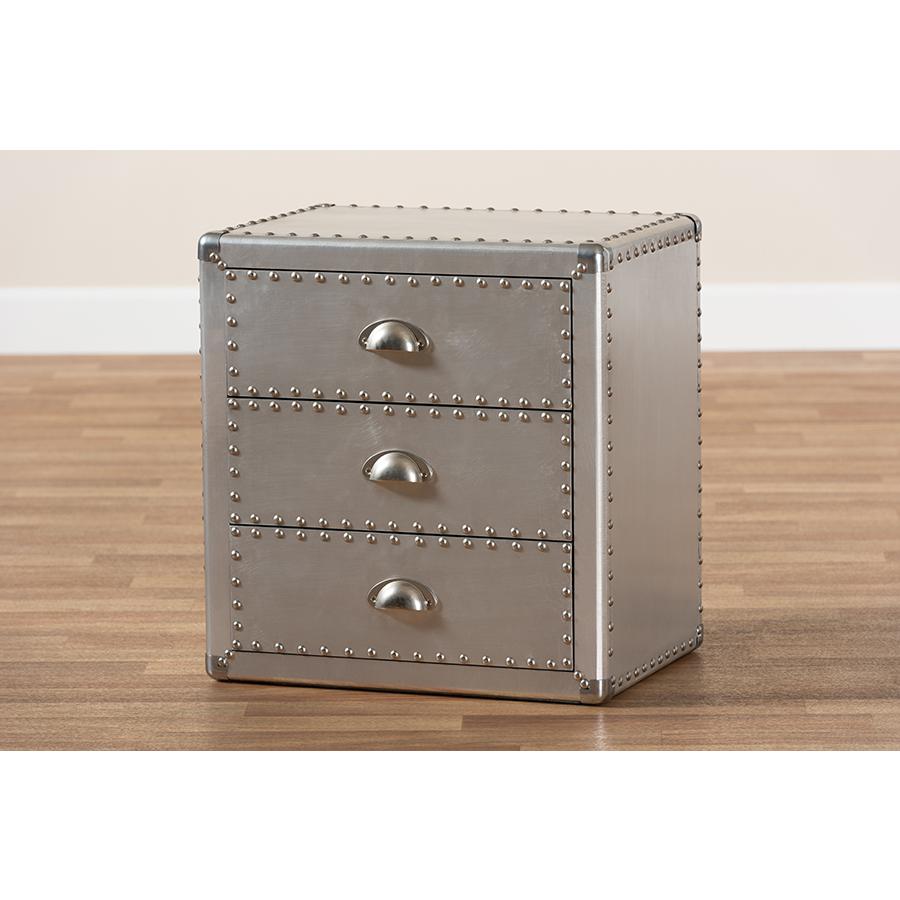 Baxton Studio Armel French Industrial Silver Metal 3-Drawer Nightstand. Picture 9