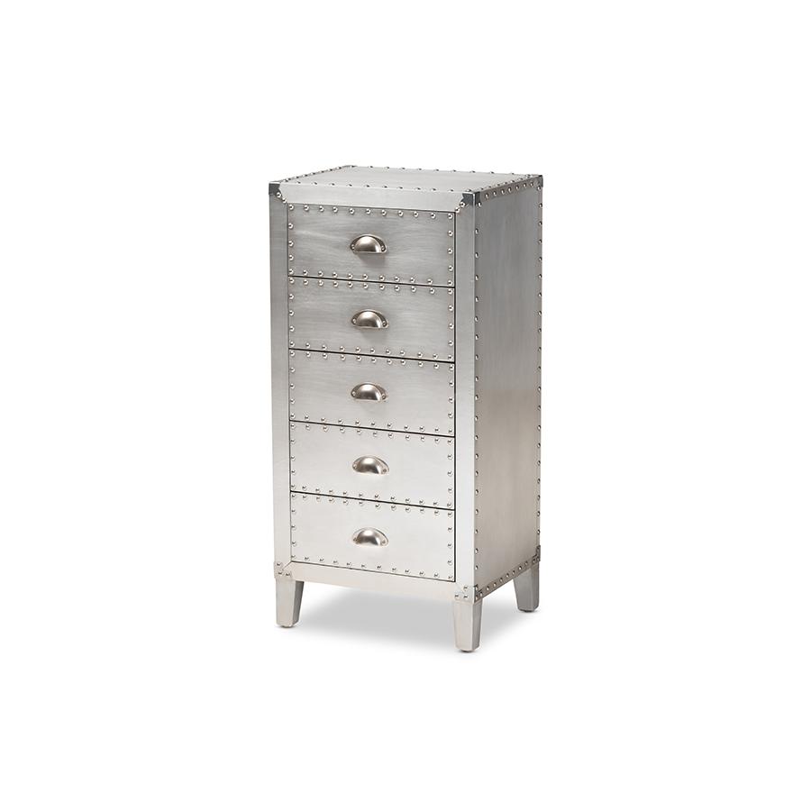 Carel French Industrial Silver Metal 5-Drawer Accent Storage Cabinet. Picture 1
