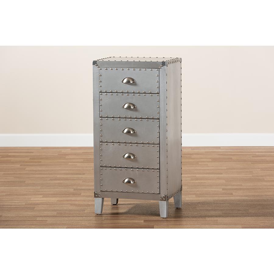 Carel French Industrial Silver Metal 5-Drawer Accent Storage Cabinet. Picture 8