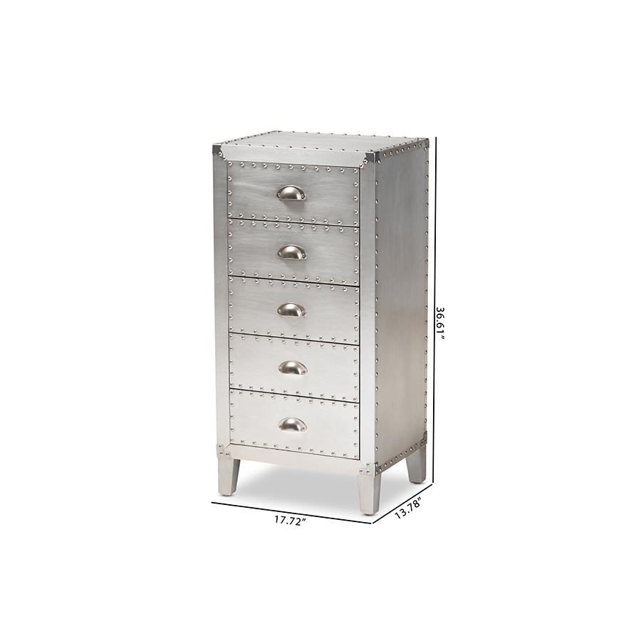 Carel French Industrial Silver Metal 5-Drawer Accent Storage Cabinet. Picture 9