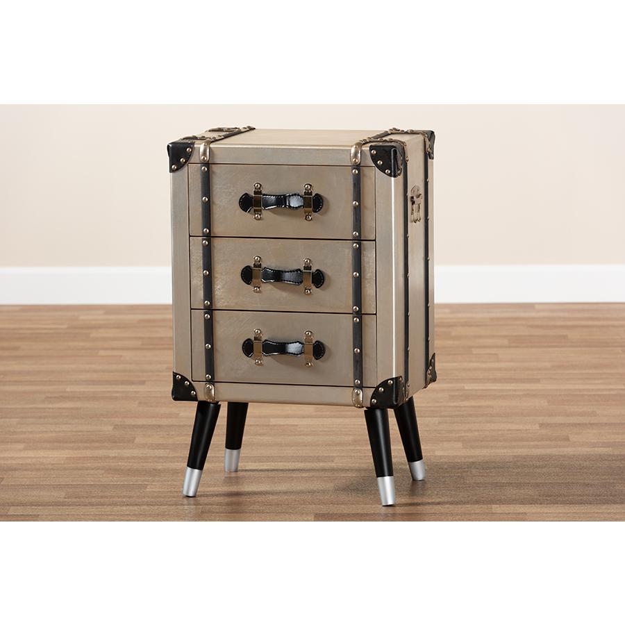 Baxton Studio Dilan Vintage Industrial Antique Silver Finished Metal Trunk Inspired 3-Drawer Nightstand. Picture 12