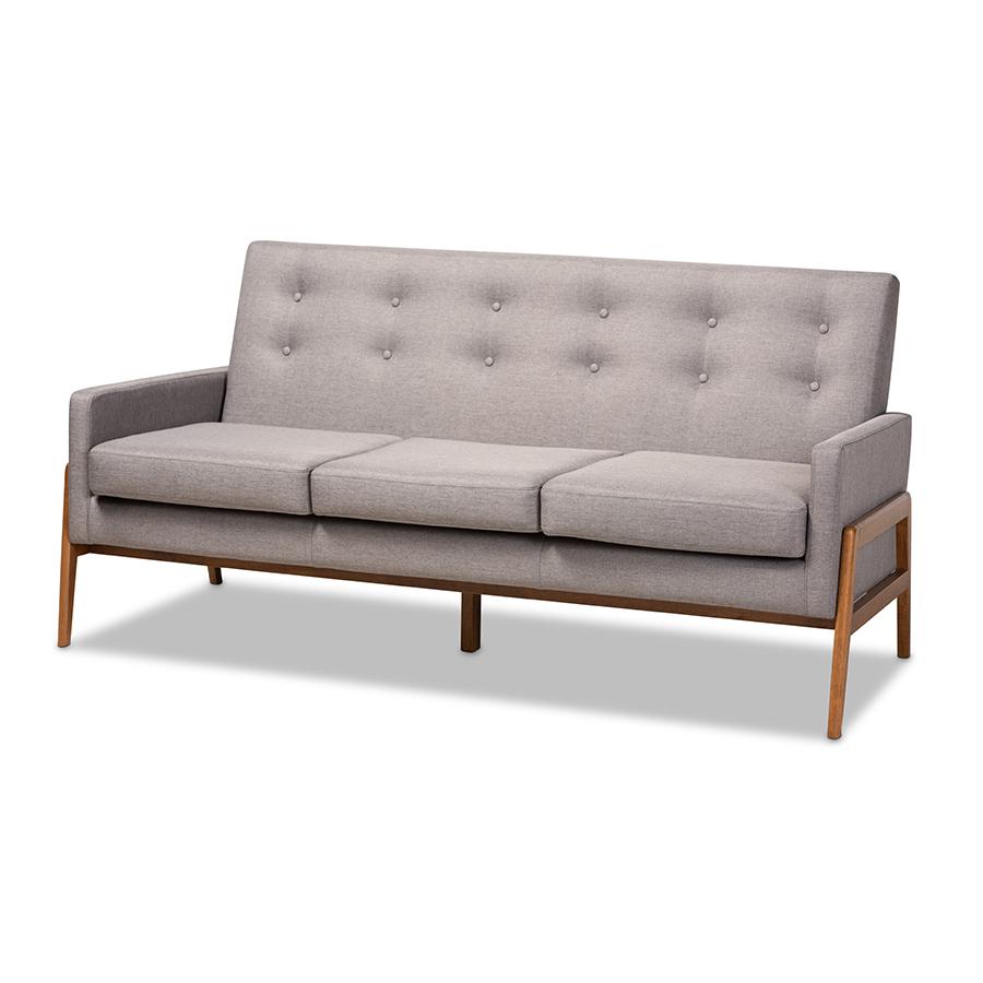 Baxton Studio Perris Mid-Century Modern Light Grey Fabric Upholstered Walnut Finished Wood Sofa. The main picture.