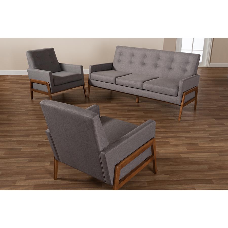 Light Grey Fabric Upholstered Walnut Finished Wood 3-Piece Living Room Set. Picture 7