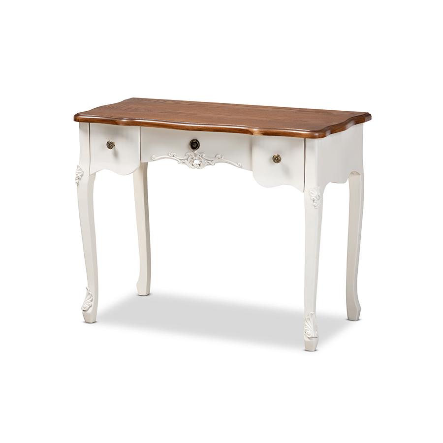 Sophie Classic Traditional French Country White and Brown Finished Small 3-Drawer Wood Console Table. Picture 1