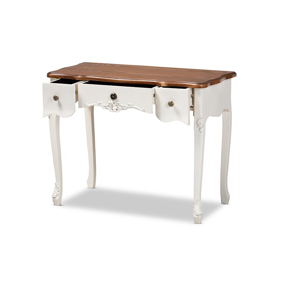Sophie Classic Traditional French Country White and Brown Finished Small 3-Drawer Wood Console Table. Picture 2