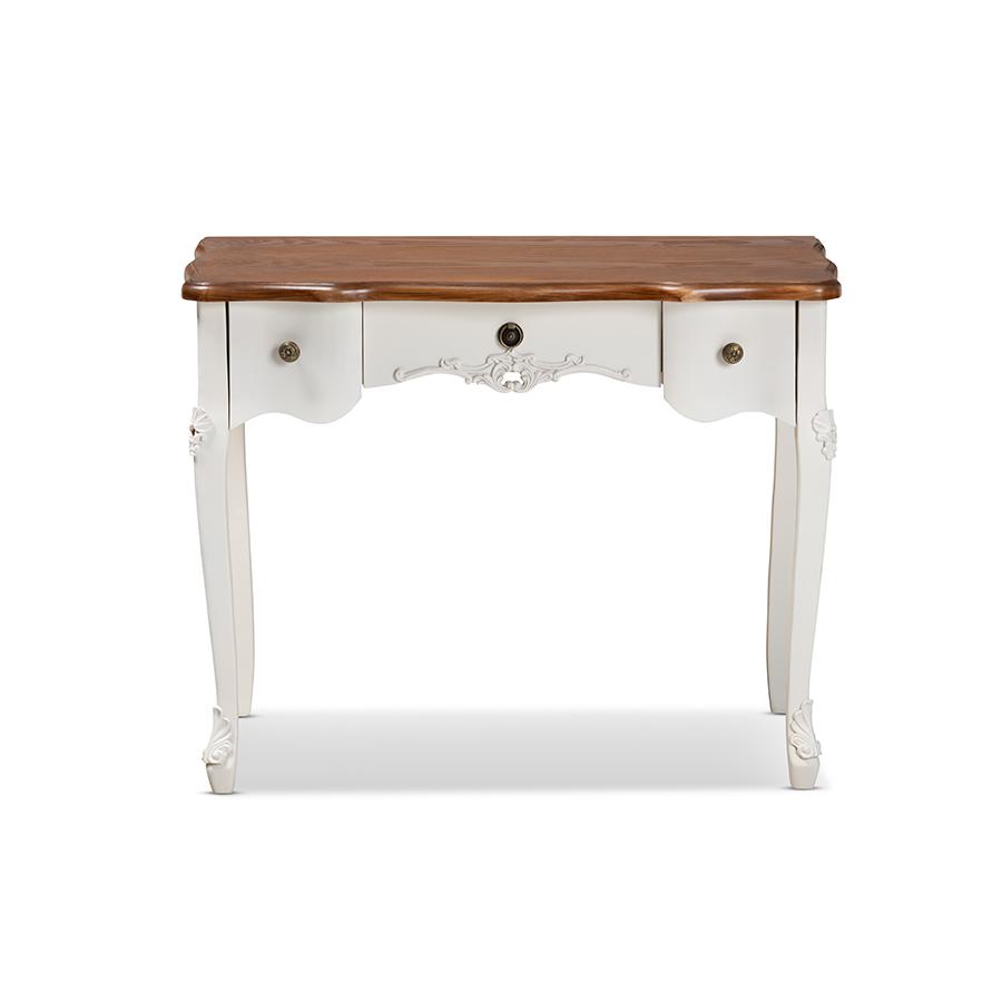 Sophie Classic Traditional French Country White and Brown Finished Small 3-Drawer Wood Console Table. Picture 3