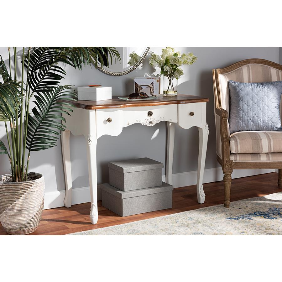 Sophie Classic Traditional French Country White and Brown Finished Small 3-Drawer Wood Console Table. Picture 7
