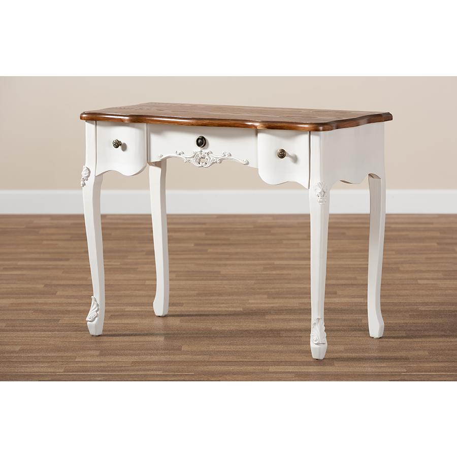 Sophie Classic Traditional French Country White and Brown Finished Small 3-Drawer Wood Console Table. Picture 8
