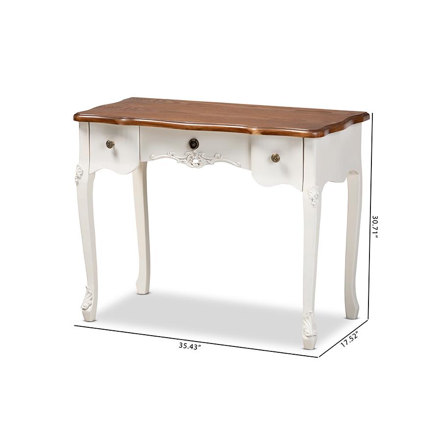 Sophie Classic Traditional French Country White and Brown Finished Small 3-Drawer Wood Console Table. Picture 9