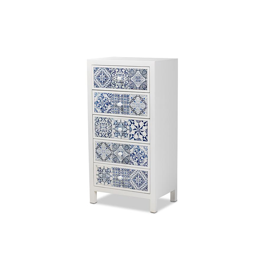 Baxton Studio Alma Spanish Mediterranean Inspired White Wood and Blue Floral Tile Style 5-Drawer Accent Chest. Picture 1