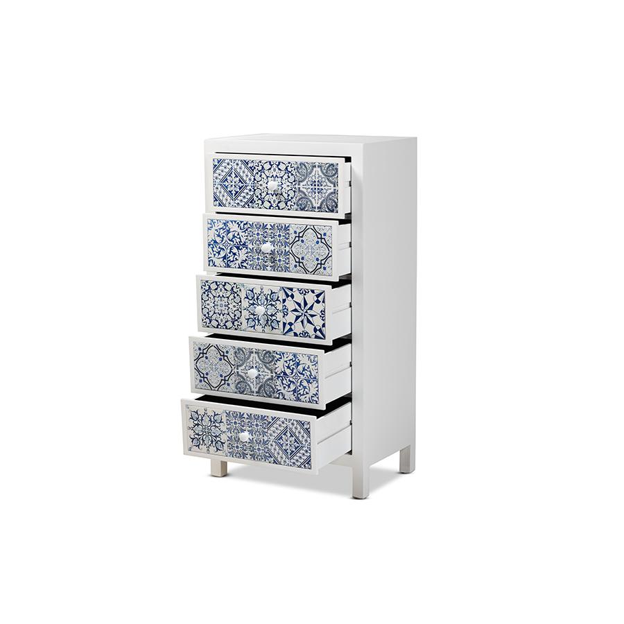 Alma Spanish Mediterranean Inspired White Wood and Blue Floral Tile Style 5-Drawer Accent Storage Cabinet. Picture 2