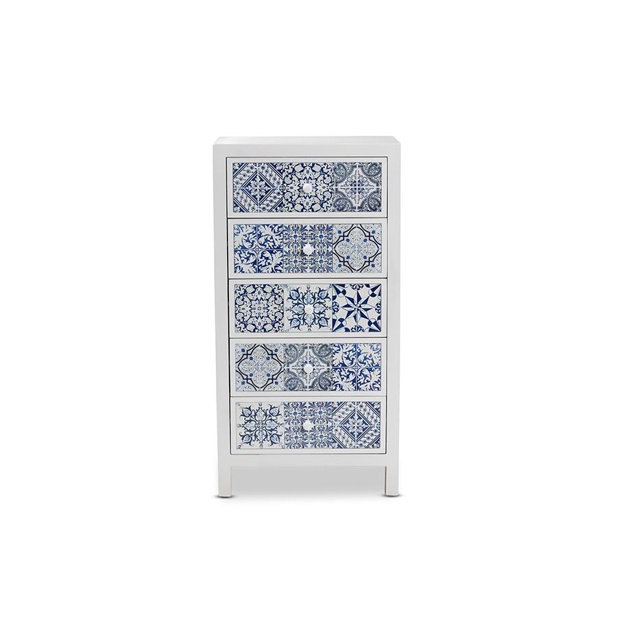 Alma Spanish Mediterranean Inspired White Wood and Blue Floral Tile Style 5-Drawer Accent Storage Cabinet. Picture 3