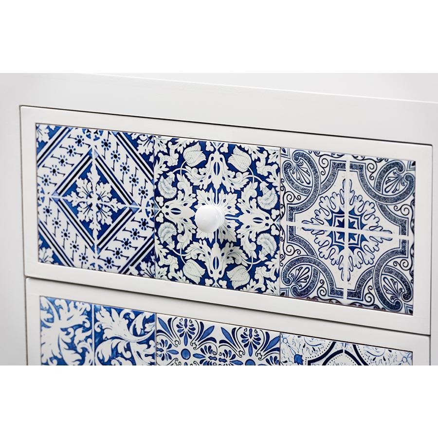 Alma Spanish Mediterranean Inspired White Wood and Blue Floral Tile Style 5-Drawer Accent Storage Cabinet. Picture 6