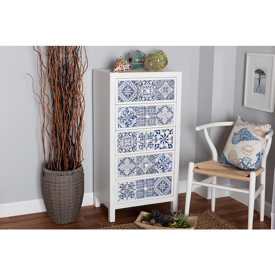 Alma Spanish Mediterranean Inspired White Wood and Blue Floral Tile Style 5-Drawer Accent Storage Cabinet. Picture 7