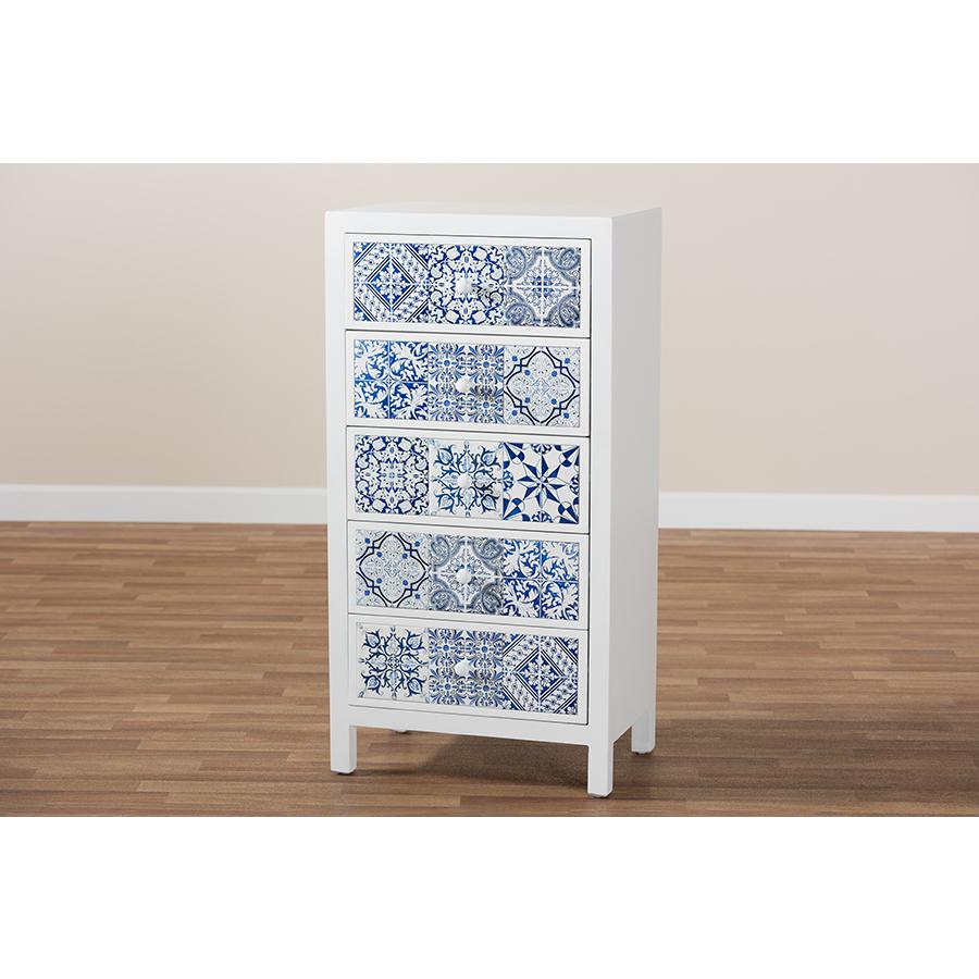 Alma Spanish Mediterranean Inspired White Wood and Blue Floral Tile Style 5-Drawer Accent Storage Cabinet. Picture 8
