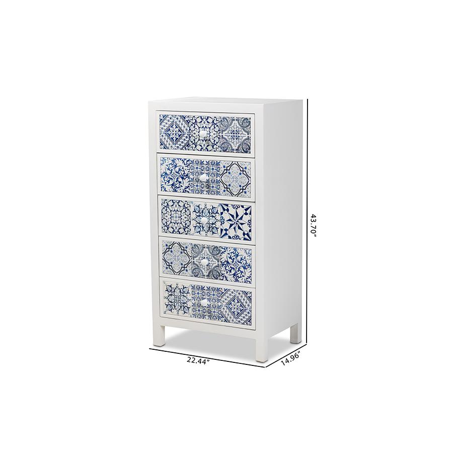 Alma Spanish Mediterranean Inspired White Wood and Blue Floral Tile Style 5-Drawer Accent Storage Cabinet. Picture 9