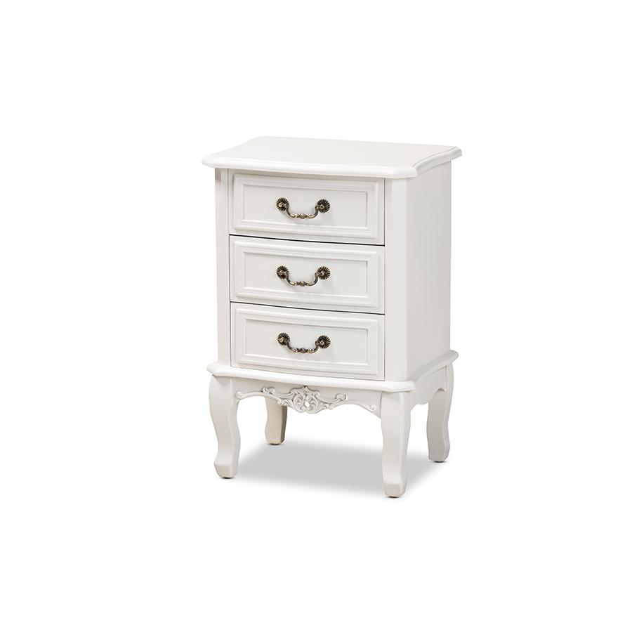 Gabrielle Traditional French Country Provincial White-Finished 3-Drawer Wood Nightstand. Picture 1