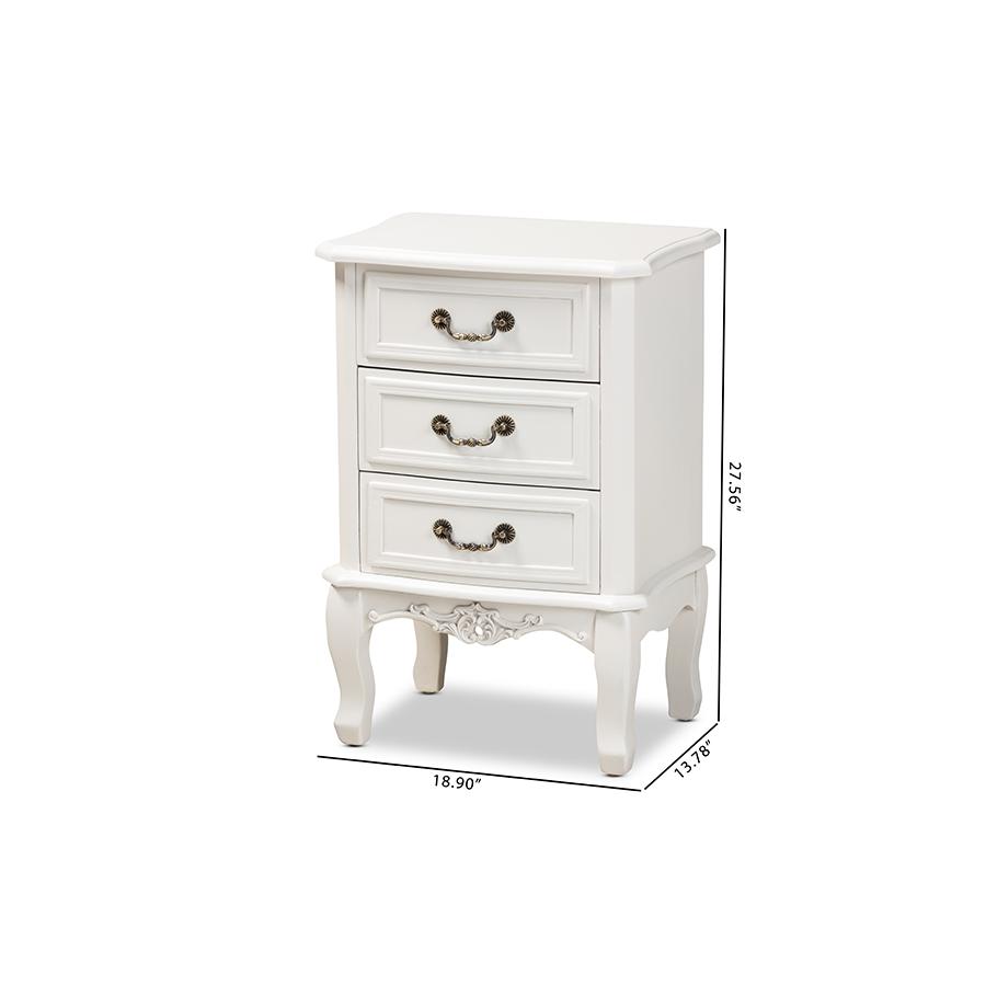 Gabrielle Traditional French Country Provincial White-Finished 3-Drawer Wood Nightstand. Picture 9