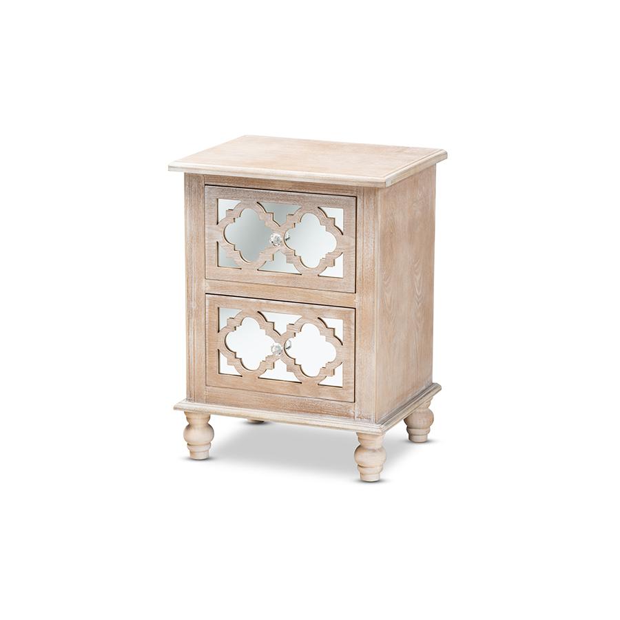 Celia Transitional Rustic French Country White-Washed Wood and Mirror 2-Drawer Quatrefoil Nightstand. Picture 1