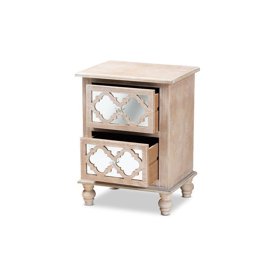 Celia Transitional Rustic French Country White-Washed Wood and Mirror 2-Drawer Quatrefoil Nightstand. Picture 2