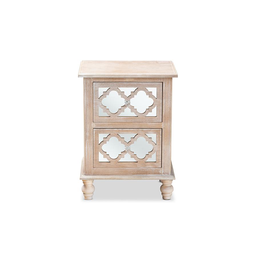 Celia Transitional Rustic French Country White-Washed Wood and Mirror 2-Drawer Quatrefoil Nightstand. Picture 3