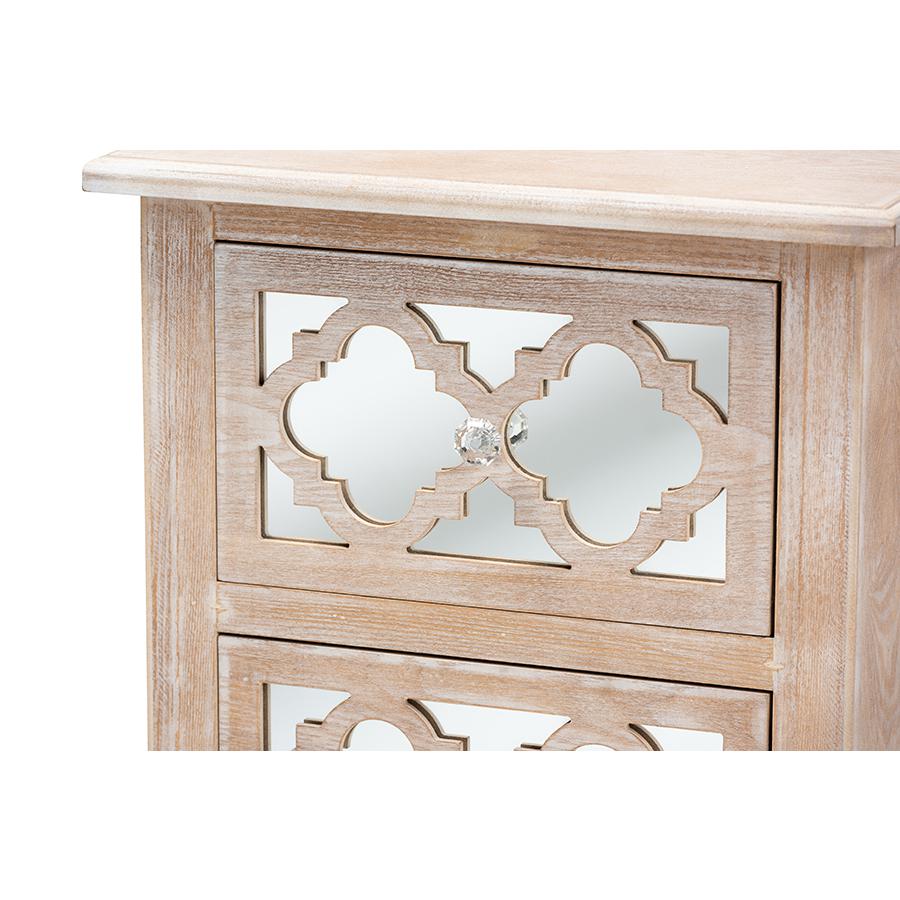 Celia Transitional Rustic French Country White-Washed Wood and Mirror 2-Drawer Quatrefoil Nightstand. Picture 5