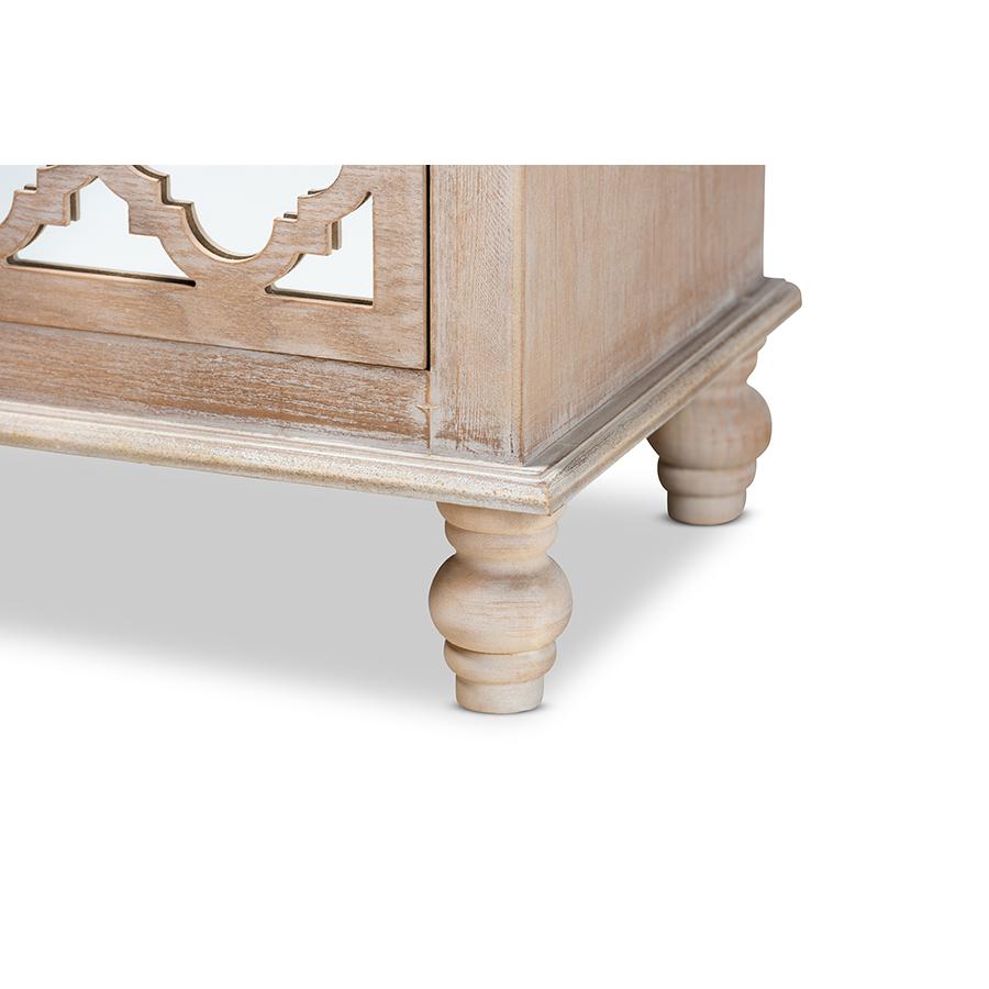 Celia Transitional Rustic French Country White-Washed Wood and Mirror 2-Drawer Quatrefoil Nightstand. Picture 6