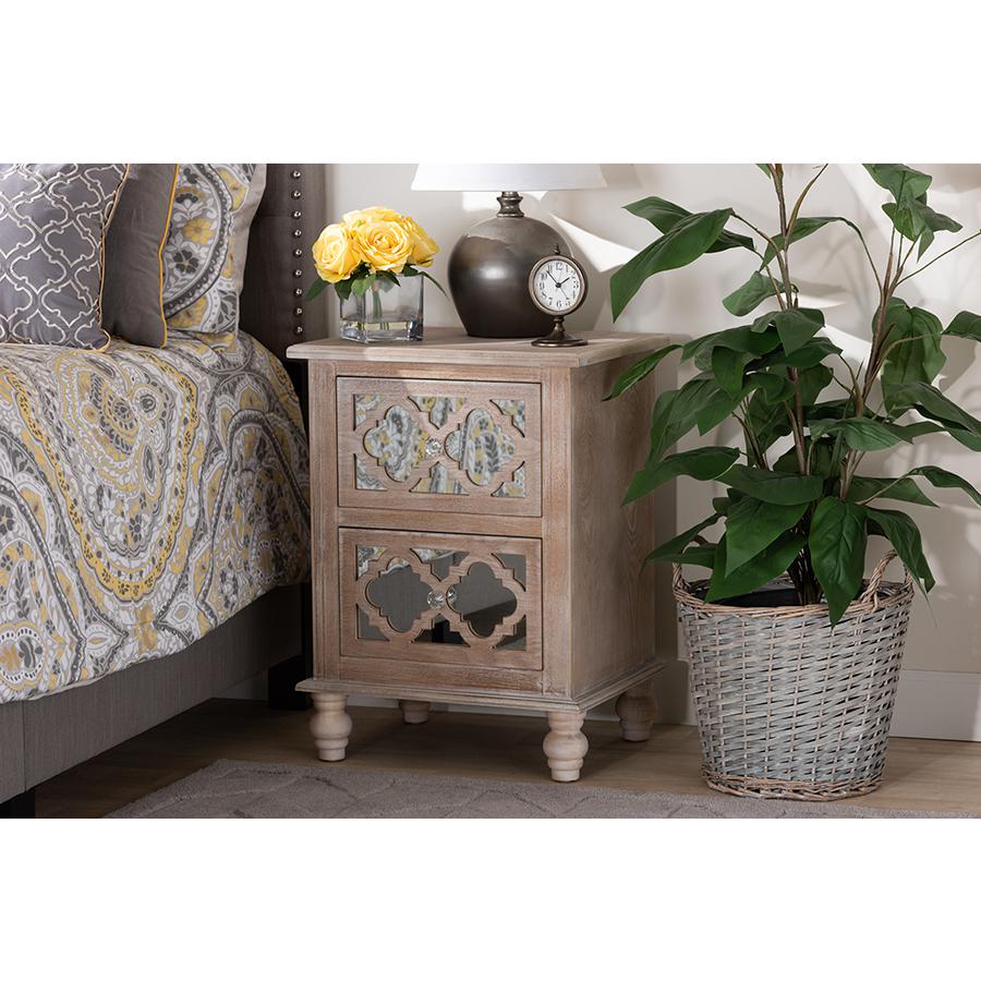 Celia Transitional Rustic French Country White-Washed Wood and Mirror 2-Drawer Quatrefoil Nightstand. Picture 7