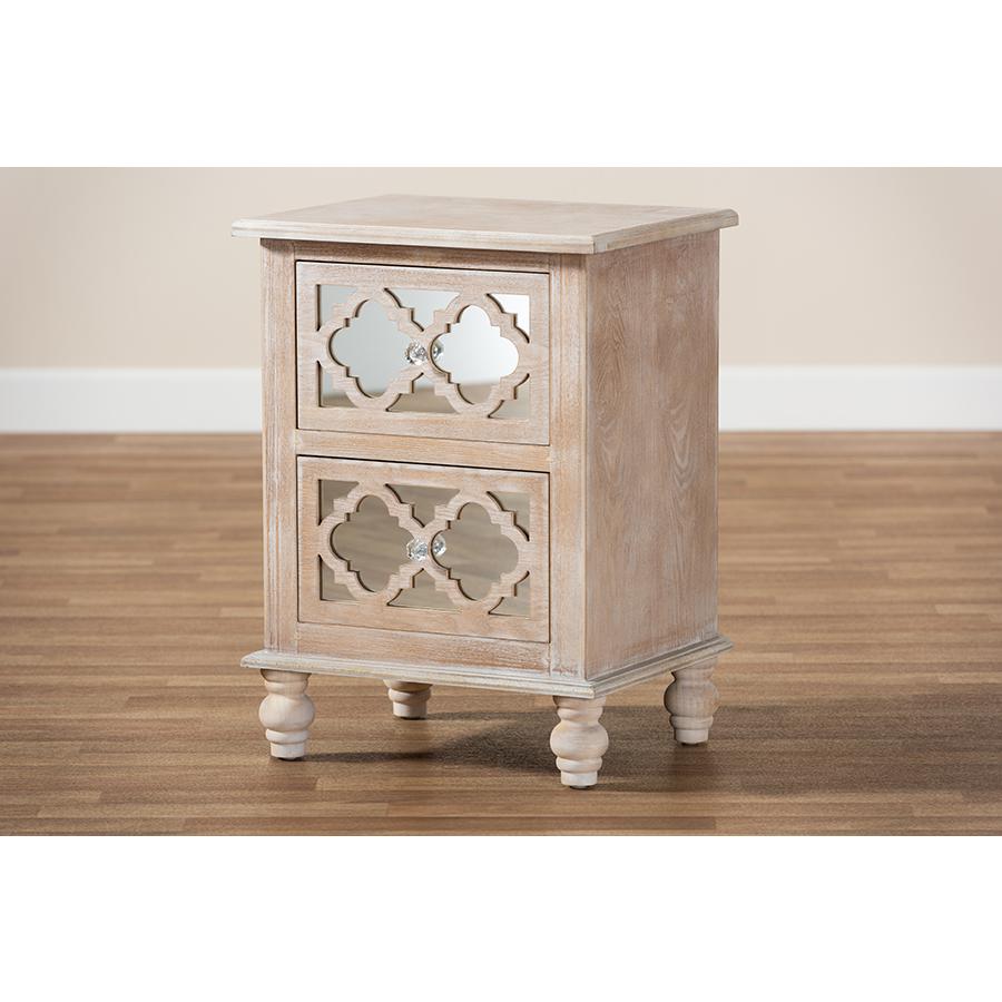 Celia Transitional Rustic French Country White-Washed Wood and Mirror 2-Drawer Quatrefoil Nightstand. Picture 8
