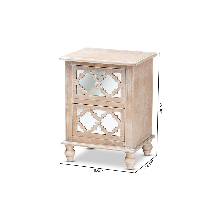 Celia Transitional Rustic French Country White-Washed Wood and Mirror 2-Drawer Quatrefoil Nightstand. Picture 9