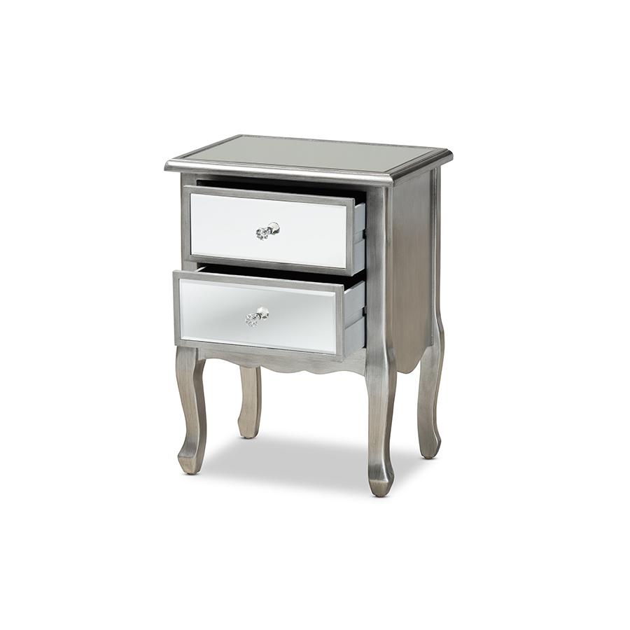 Leonie Modern Transitional French Brushed Silver Finished Wood and Mirrored Glass 2-Drawer Nightstand. Picture 2