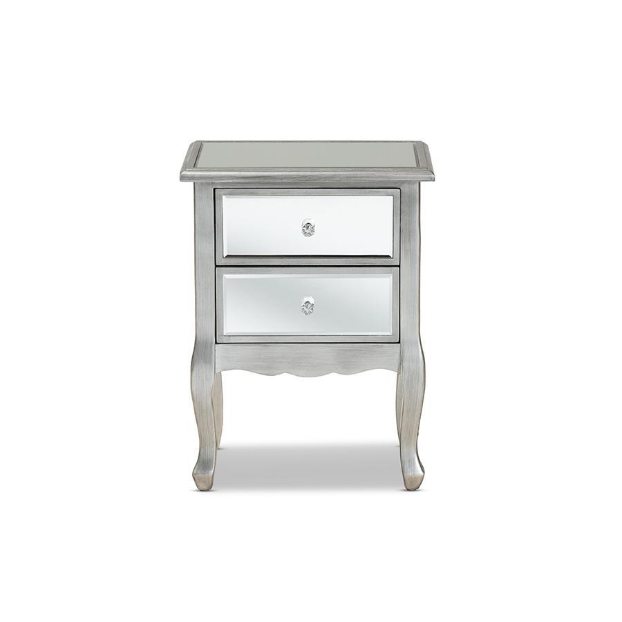 Leonie Modern Transitional French Brushed Silver Finished Wood and Mirrored Glass 2-Drawer Nightstand. Picture 3
