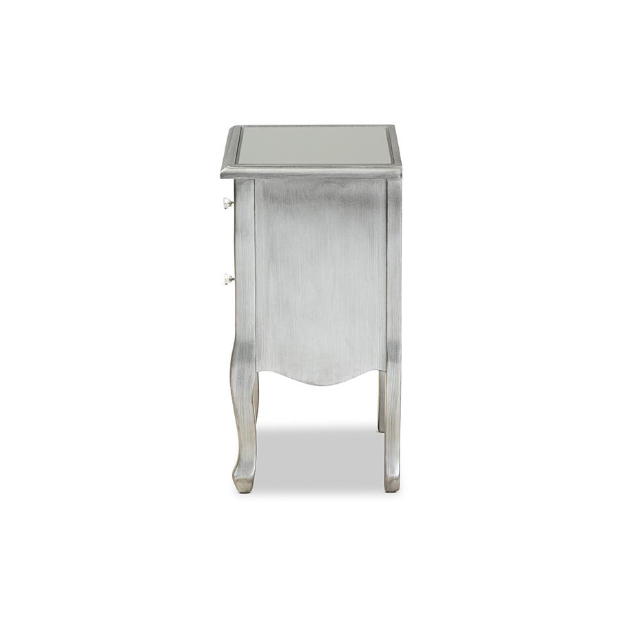 Leonie Modern Transitional French Brushed Silver Finished Wood and Mirrored Glass 2-Drawer Nightstand. Picture 4