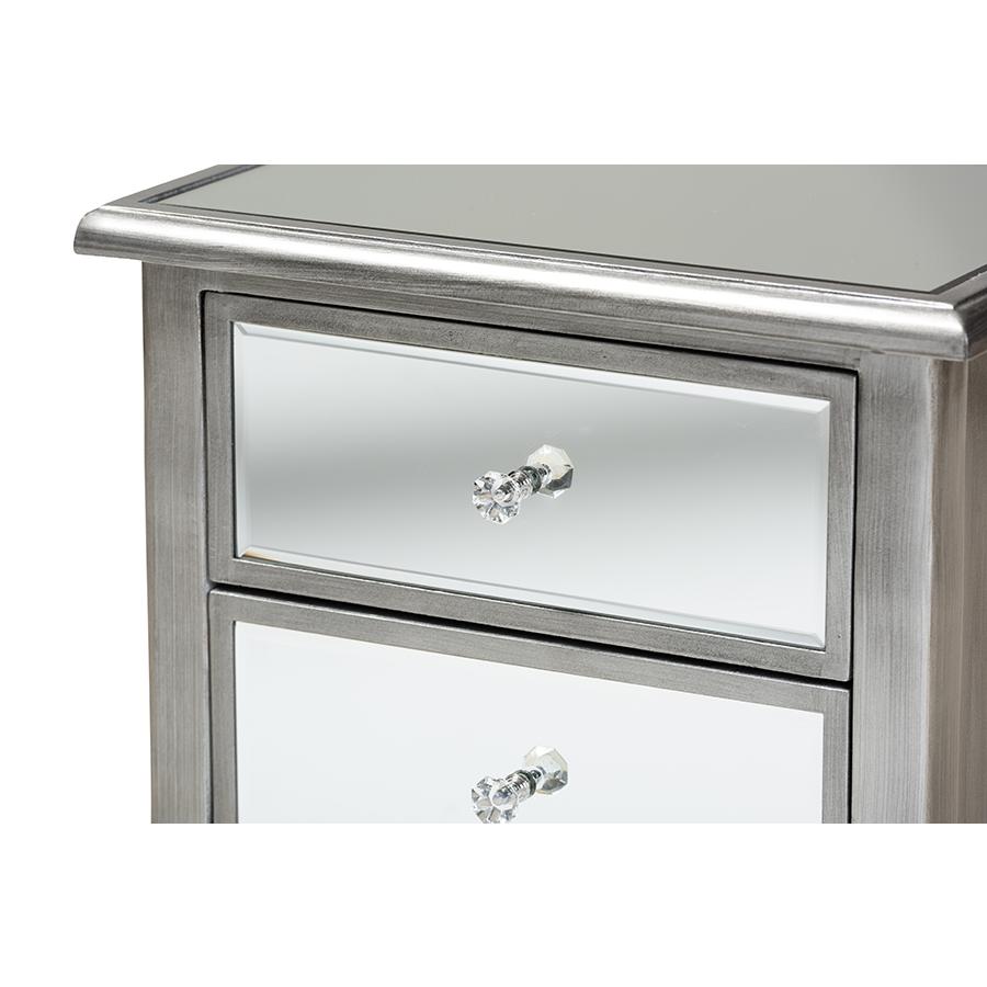 Leonie Modern Transitional French Brushed Silver Finished Wood and Mirrored Glass 2-Drawer Nightstand. Picture 5