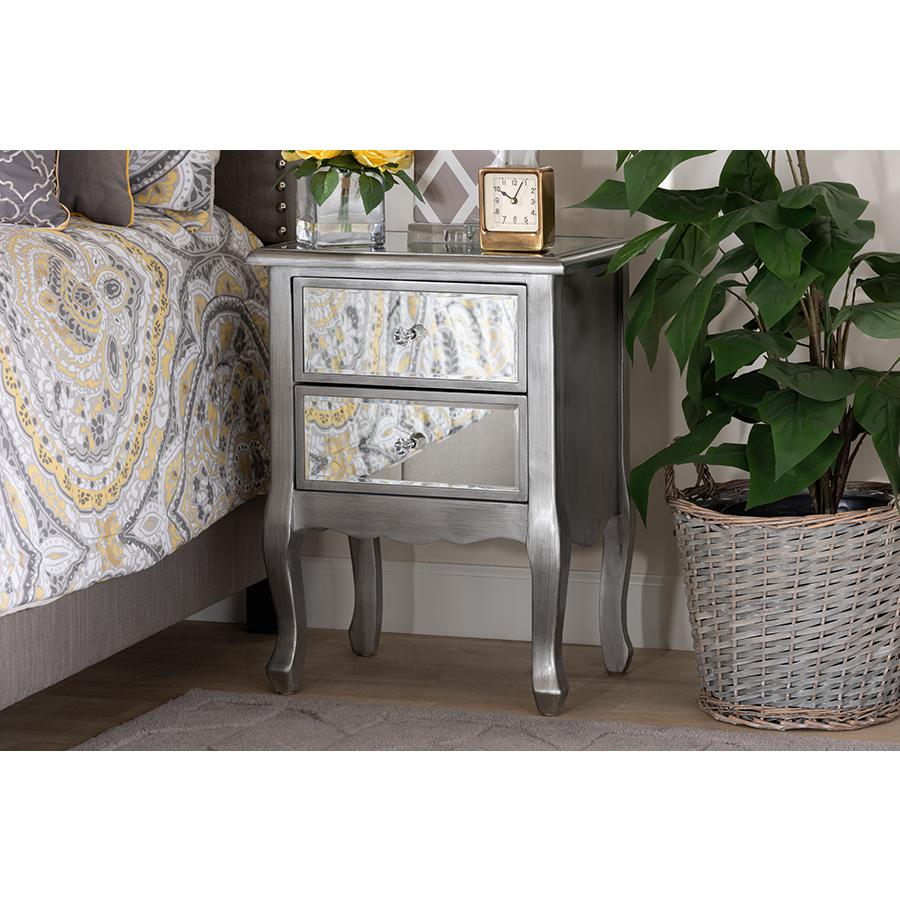 Leonie Modern Transitional French Brushed Silver Finished Wood and Mirrored Glass 2-Drawer Nightstand. Picture 7