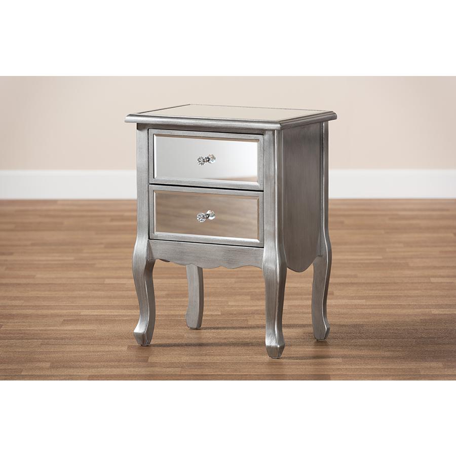 Leonie Modern Transitional French Brushed Silver Finished Wood and Mirrored Glass 2-Drawer Nightstand. Picture 8
