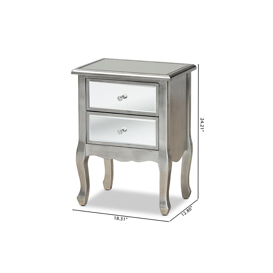 Leonie Modern Transitional French Brushed Silver Finished Wood and Mirrored Glass 2-Drawer Nightstand. Picture 9