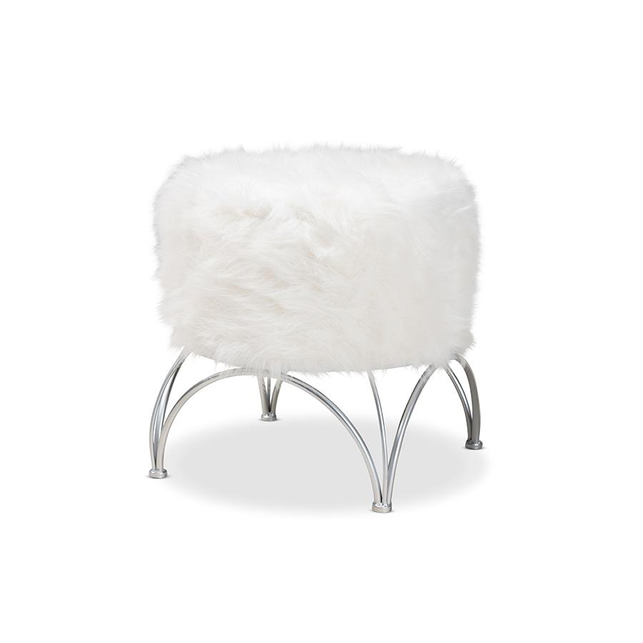 Celia Modern and Contemporary White Faux Fur Upholstered Silver Metal Ottoman. Picture 1