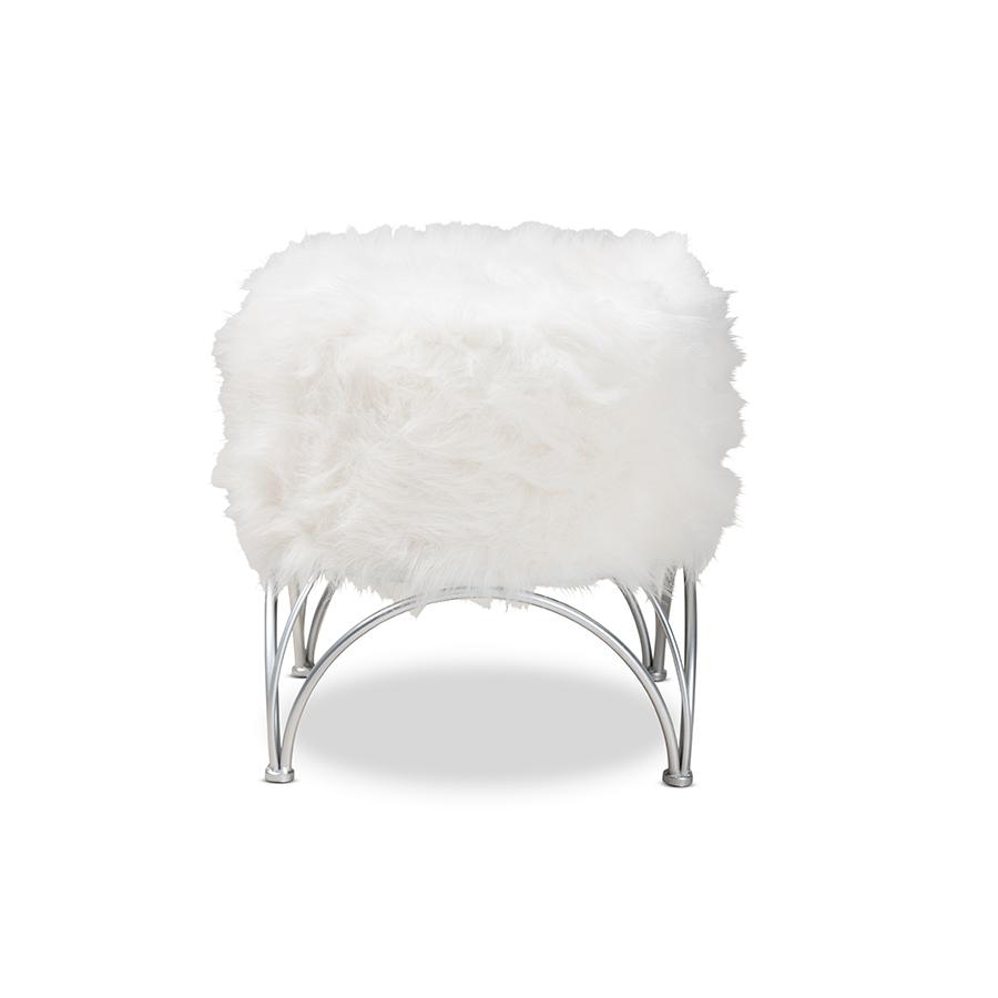 Celia Modern and Contemporary White Faux Fur Upholstered Silver Metal Ottoman. Picture 2