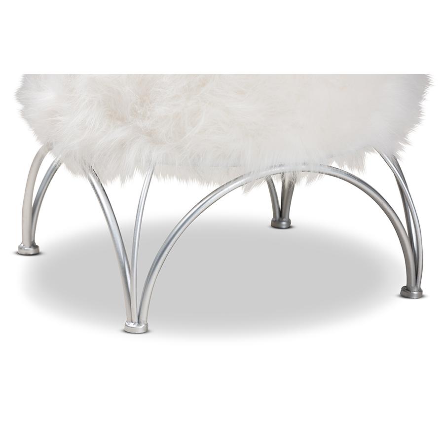 Celia Modern and Contemporary White Faux Fur Upholstered Silver Metal Ottoman. Picture 4