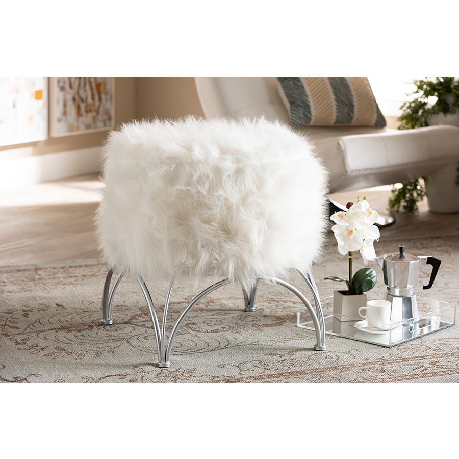 Celia Modern and Contemporary White Faux Fur Upholstered Silver Metal Ottoman. Picture 5