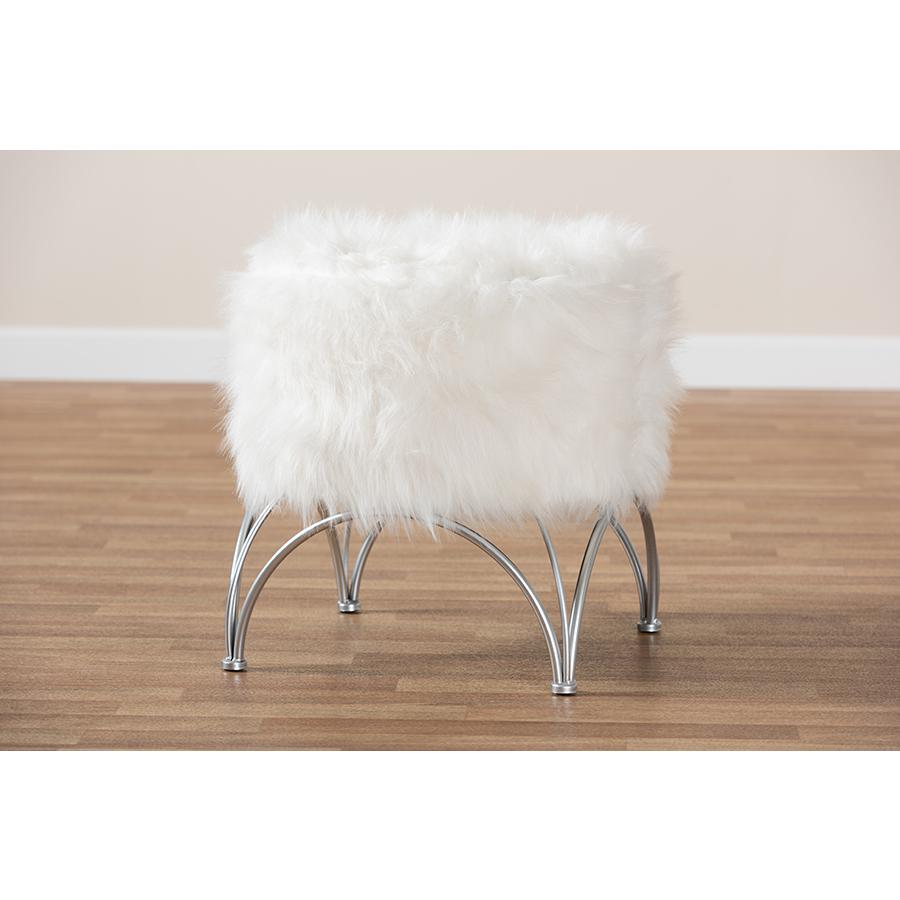 Celia Modern and Contemporary White Faux Fur Upholstered Silver Metal Ottoman. Picture 6