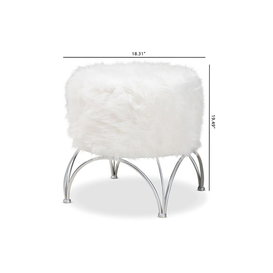 Celia Modern and Contemporary White Faux Fur Upholstered Silver Metal Ottoman. Picture 7