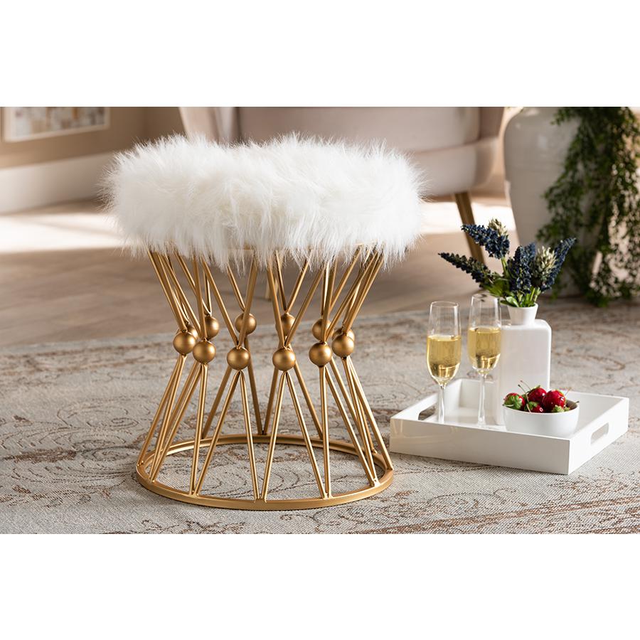 Leonie Glam and Luxe White Faux Fur Upholstered Gold Finished Metal Ottoman. Picture 4