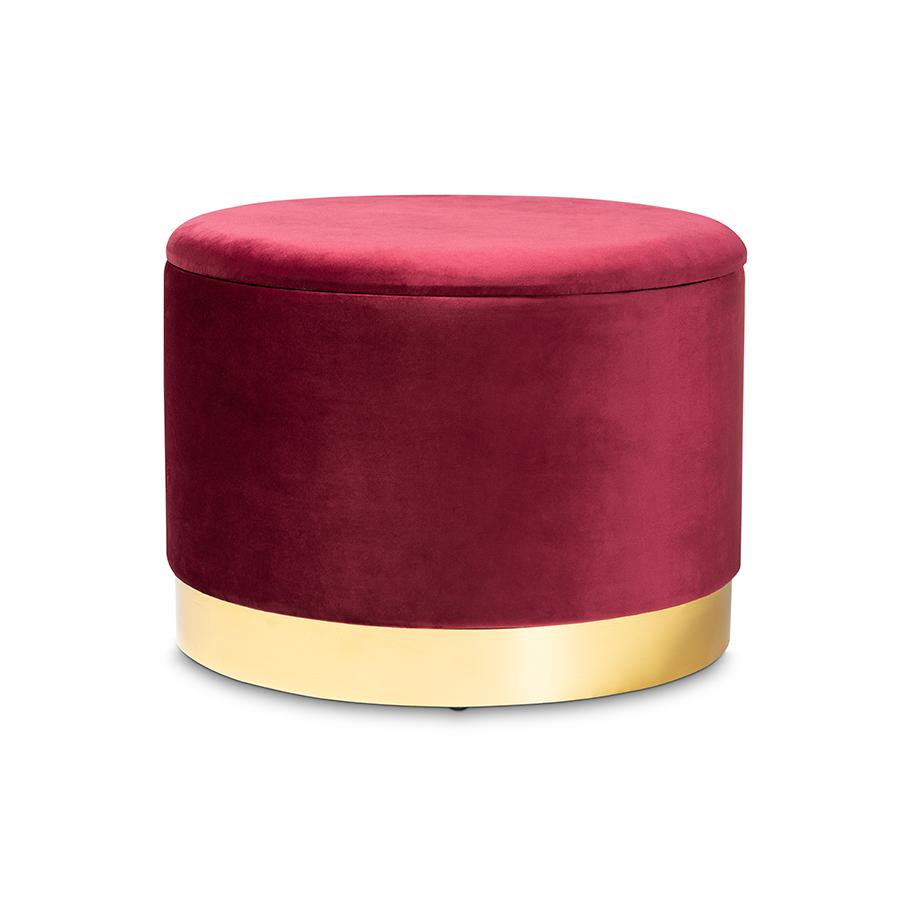 Marisa Glam and Luxe Red Velvet Fabric Upholstered Gold Finished Storage Ottoman. Picture 1