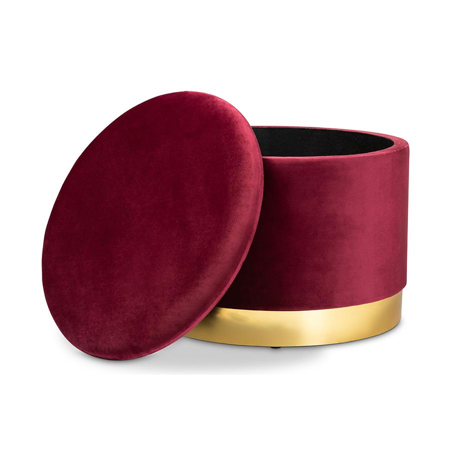 Marisa Glam and Luxe Red Velvet Fabric Upholstered Gold Finished Storage Ottoman. Picture 2