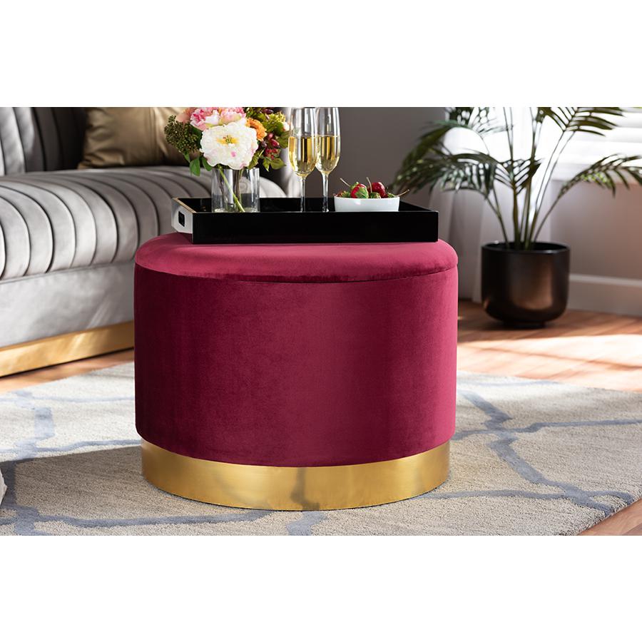 Marisa Glam and Luxe Red Velvet Fabric Upholstered Gold Finished Storage Ottoman. Picture 5